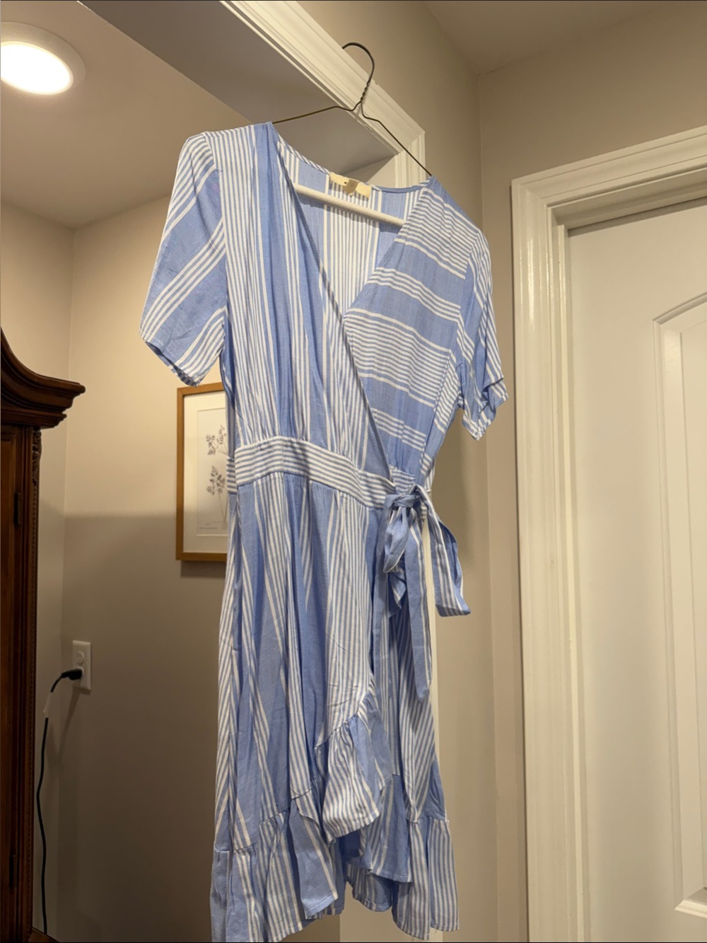 entro Blue and White Vertical Stripe Wrap Dress